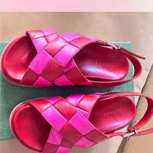 Alohas Leather Marshmallow Red and Pink Woven Checkered Sandals